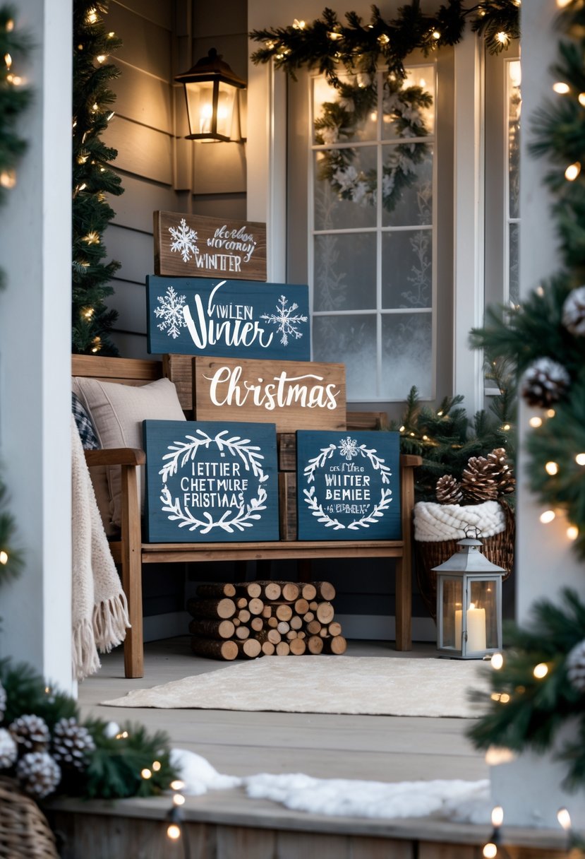A cozy front porch decorated for winter with wooden signs, pine garlands, pinecones, fairy lights, and a wooden bench with cushions and a blanket.